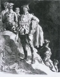 Selskab, der afventer nødhjælp, Caterpillar, nær Ville-sur-Ancre, 1918 (litho på papir)